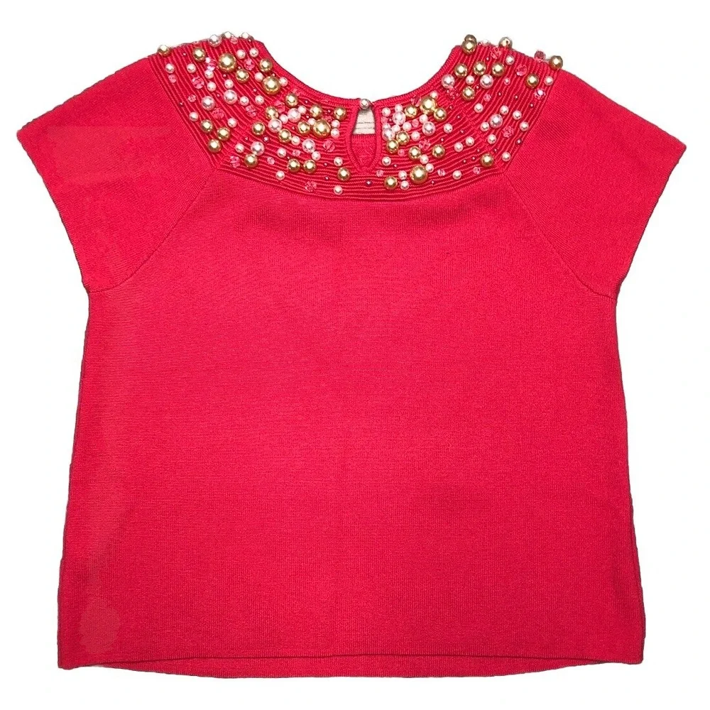 MOTH‎ Anthropologie M Red Coral Pearl Dangle Beaded Knit Top Brienne